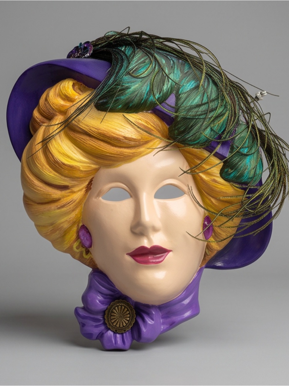 Vintage Venetian Carnival Lady
Ceramic Wall Mask with Purple Hat and Feathers